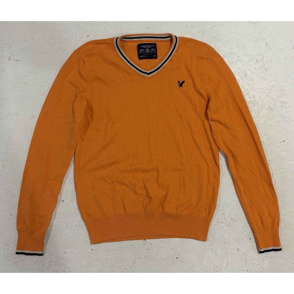 American Eagle Mens S V-Neck Sweater Orange‎ Long Sleeve Casual Preppy Athletic